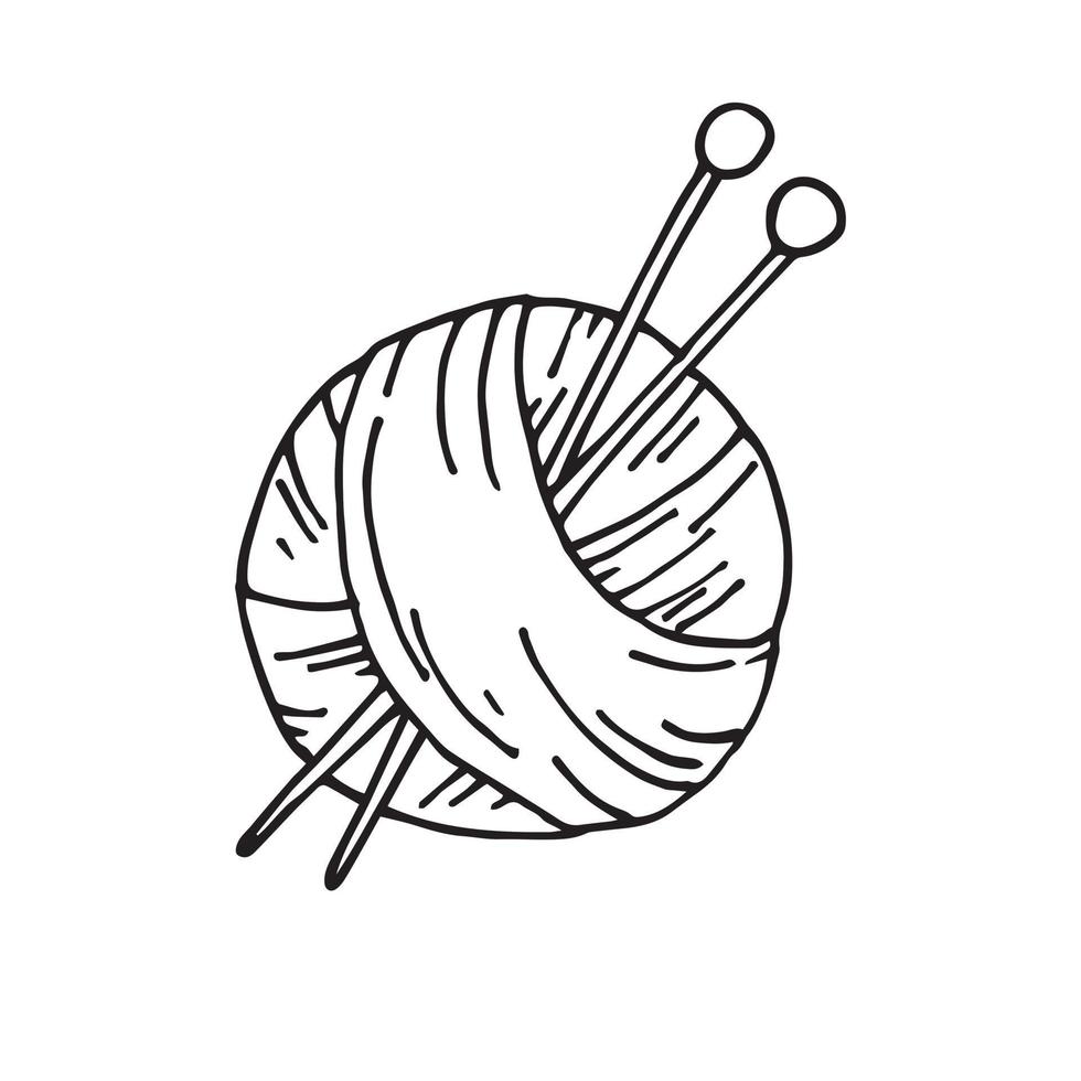 ilustração vetorial em estilo doodle. um novelo de linha para tricô e agulhas de tricô. bonito ícone de bola de lã e agulhas de tricô, símbolo de tricô, hobby, feito pelas mãos. vetor