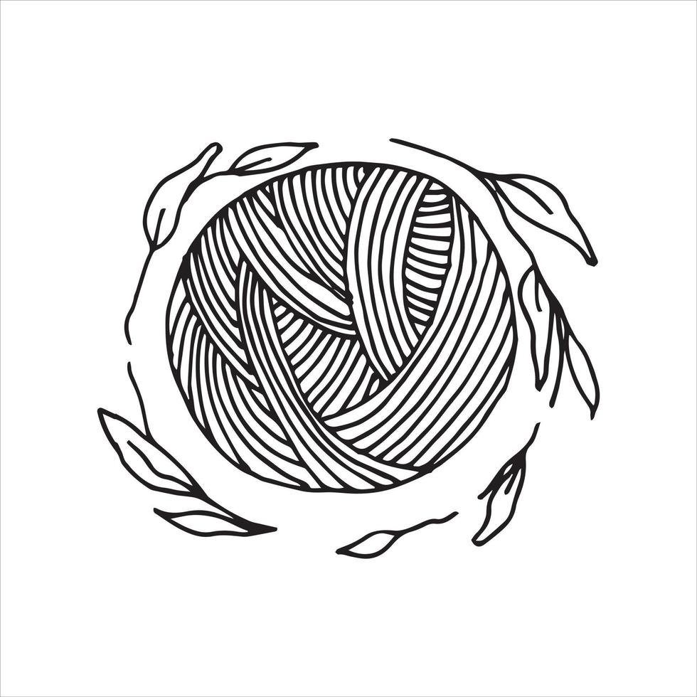 ilustração vetorial em estilo doodle. um novelo de lã e uma coroa de folhas. logotipo simples, ícone com uma bola de lã para tricô, crochê. símbolo de hobby, bordado, feito à mão. desenho de linha vetor