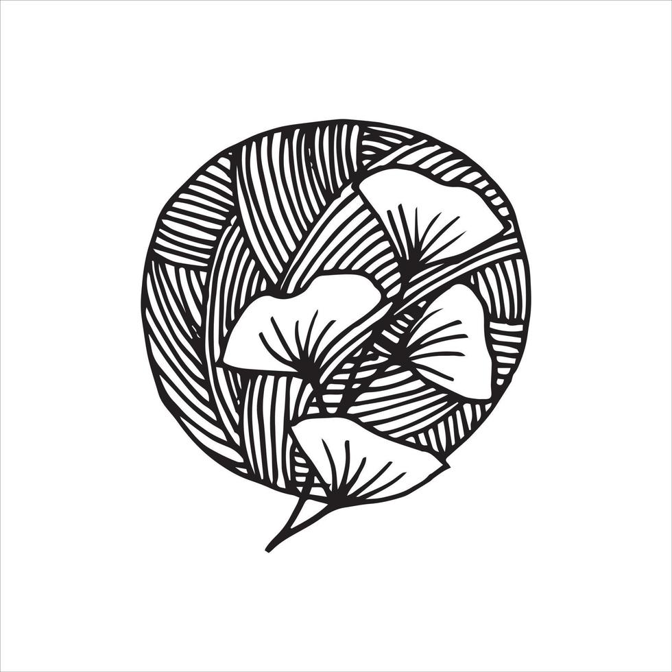 ilustração vetorial em estilo doodle. uma bola de lã e folhas de ginkgo. logotipo simples, ícone com uma bola de lã para tricô, crochê. hobby, bordado, símbolo ecológico. desenho de linha vetor
