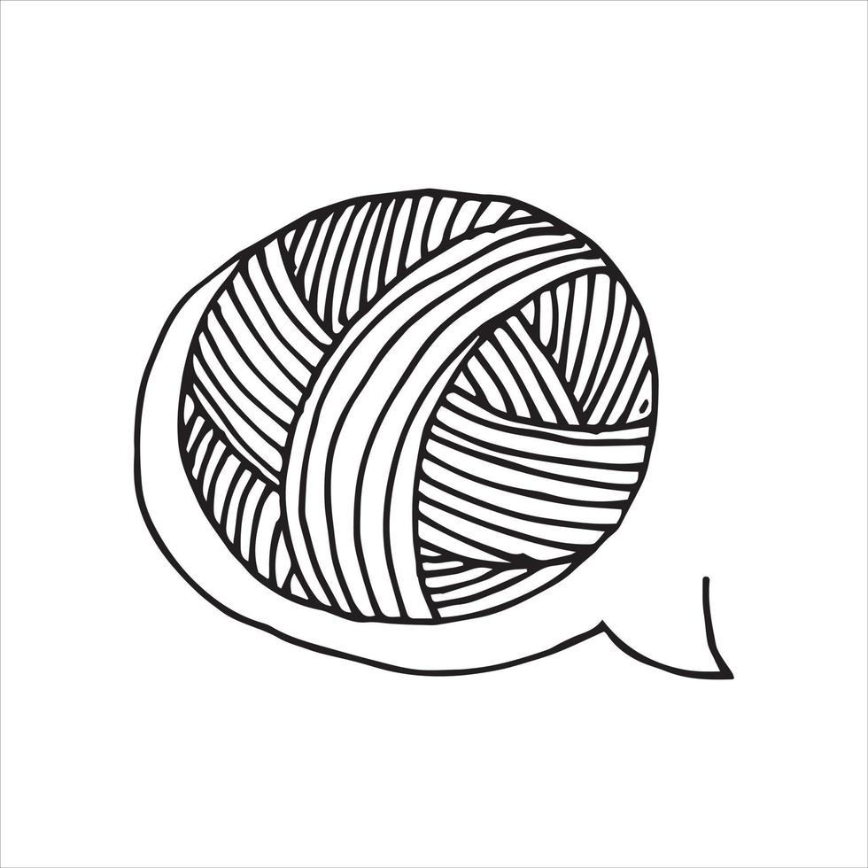 ilustração vetorial em estilo doodle. uma bola de lã na bolha falante. desenho simples de uma bola de lã para tricô, crochê. símbolo de falar sobre fios, artesanato, bordado. vetor