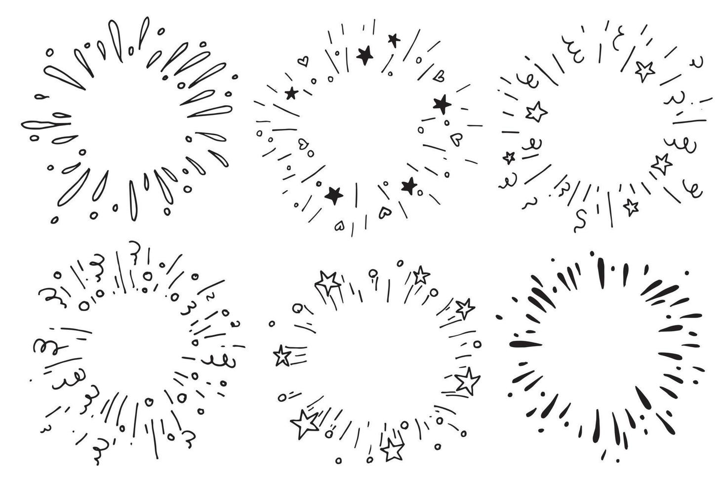 desenho vetorial no estilo de doodle. conjunto de explosões, fogos de artifício. fogos de artifício festivos com estrelas e serpentinas vetor