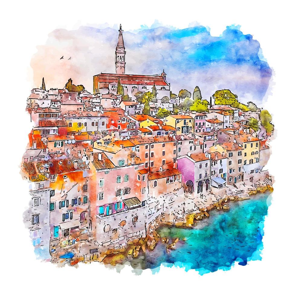 cidade velha rovinj croácia esboço em aquarela ilustração desenhada à mão vetor