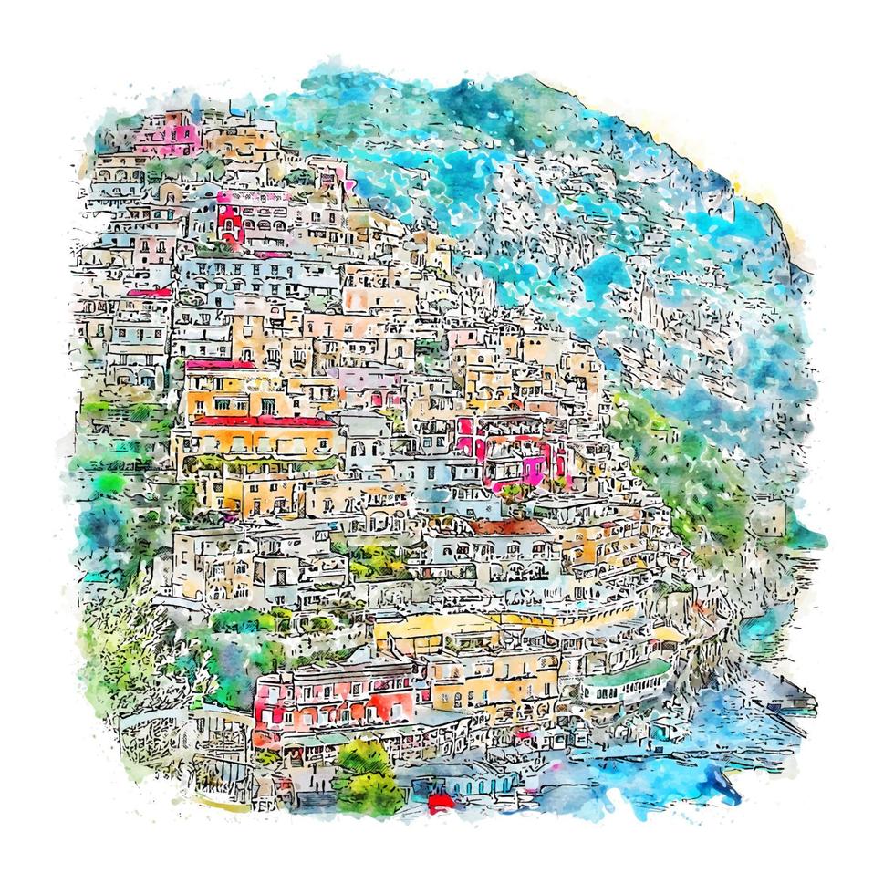 positano itália esboço em aquarela ilustração desenhada à mão vetor