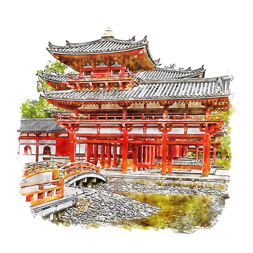 byodoin templo japão esboço em aquarela ilustração desenhada à mão vetor