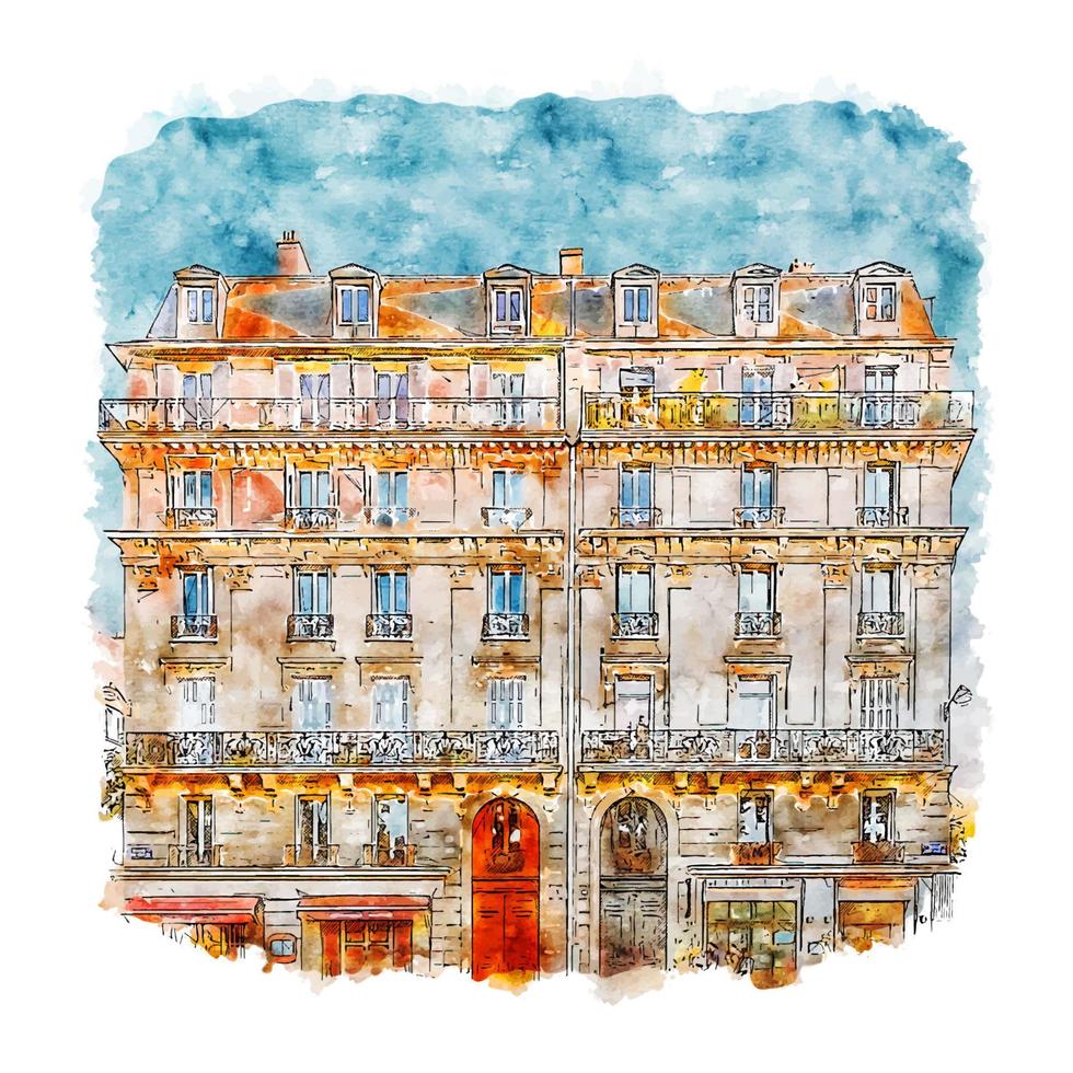 arquitetura paris frança esboço em aquarela ilustração desenhada à mão vetor