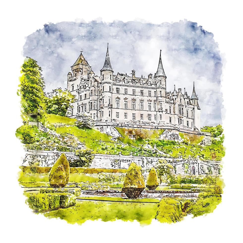 dunrobin castelo londres desenho em aquarela ilustração desenhada à mão vetor