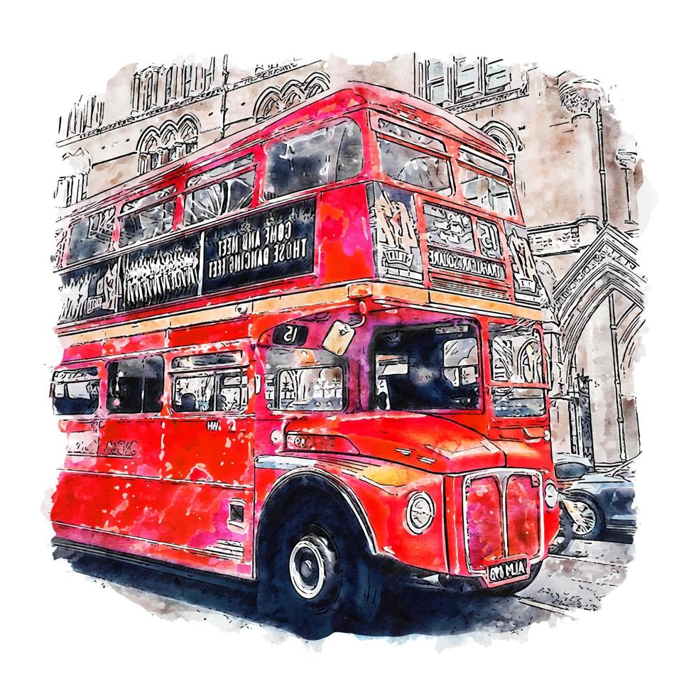 tradicional desenho em aquarela de ônibus vermelho de londres ilustração desenhada à mão vetor