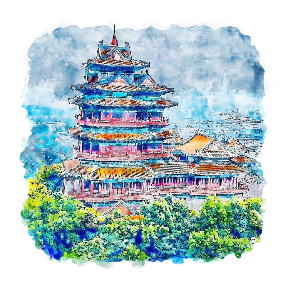 nanjing china esboço em aquarela ilustração desenhada à mão vetor