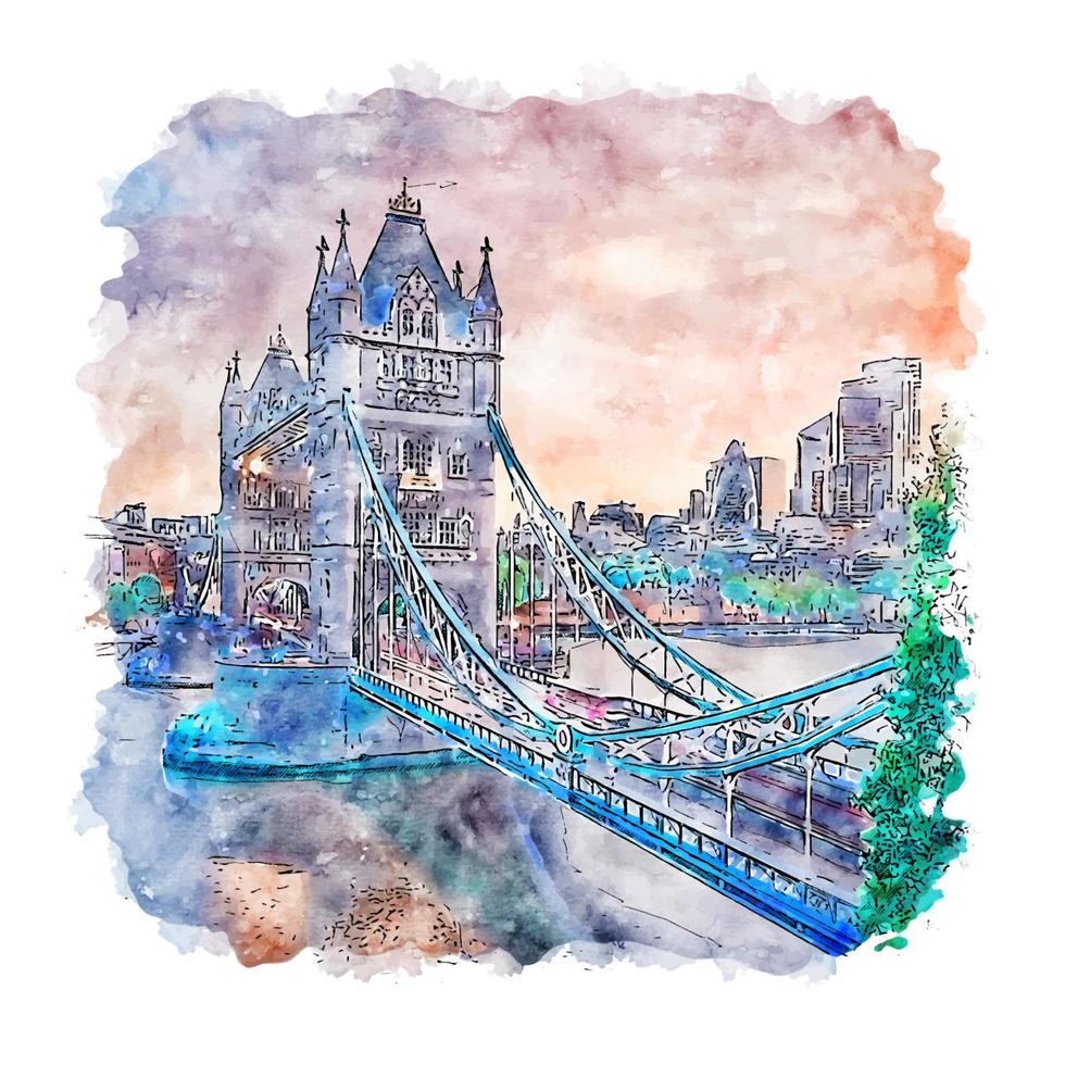 Tower bridge londres esboço em aquarela ilustração desenhada à mão vetor