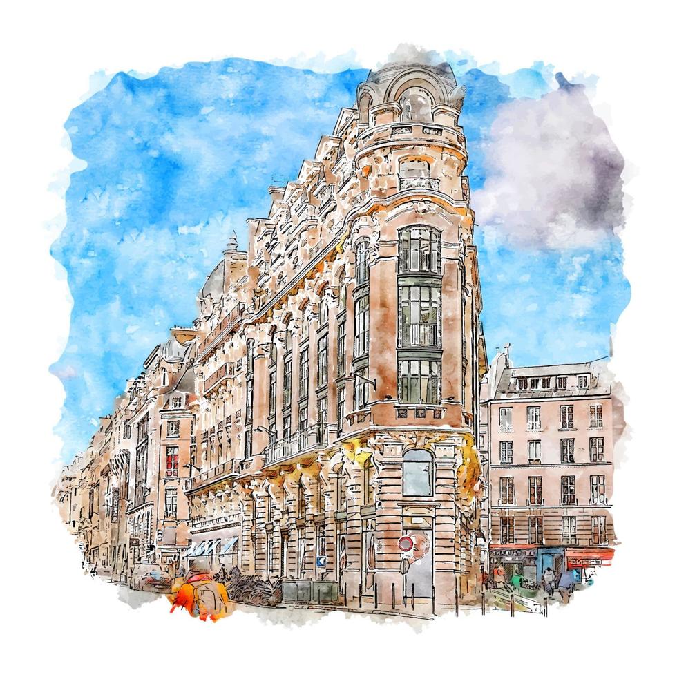 arquitetura paris frança esboço em aquarela ilustração desenhada à mão vetor