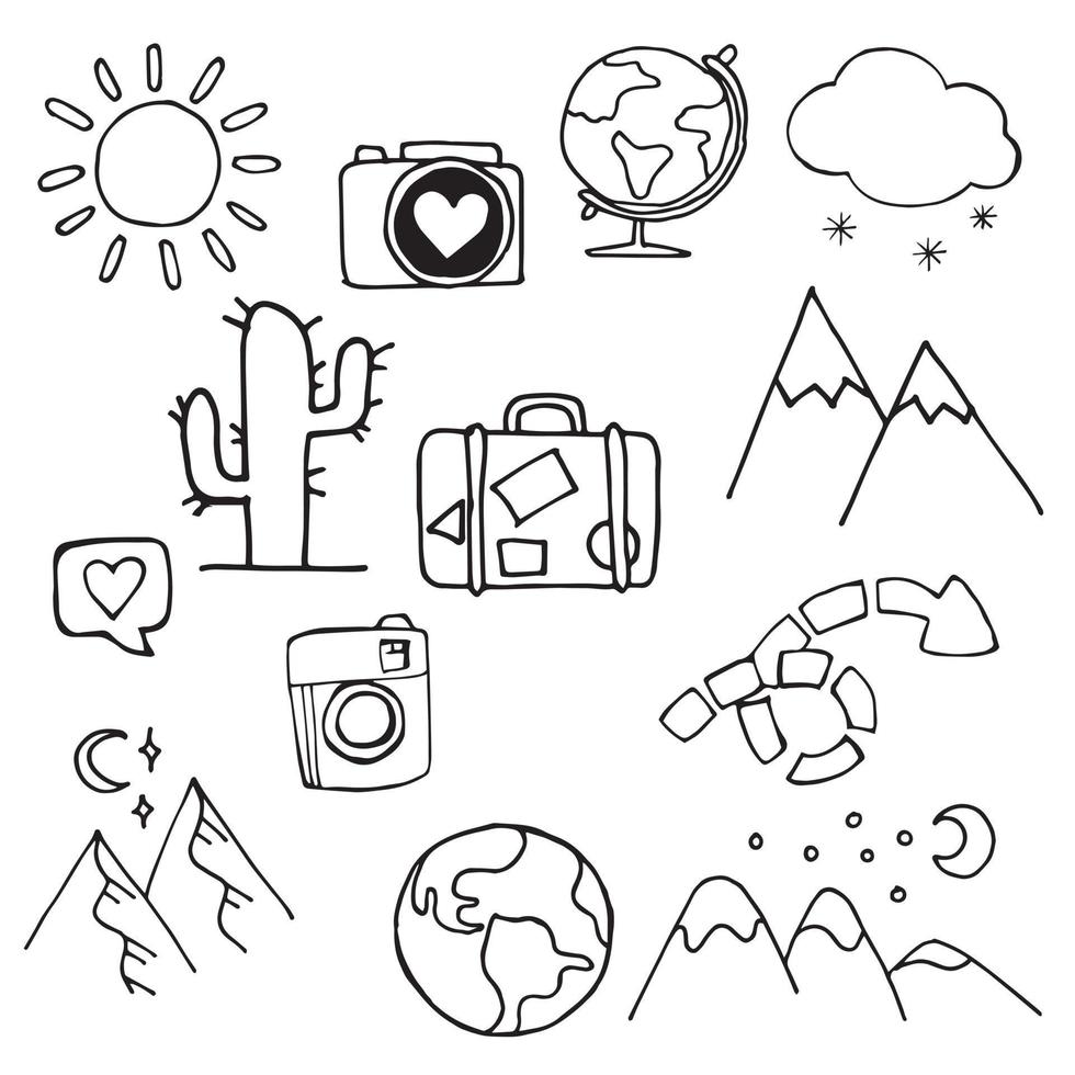 desenho vetorial no estilo de doodle. conjunto de símbolos de viagens, férias, turismo. ícones gráficos de montanhas, sol, mala, câmera. acessórios turísticos. vetor