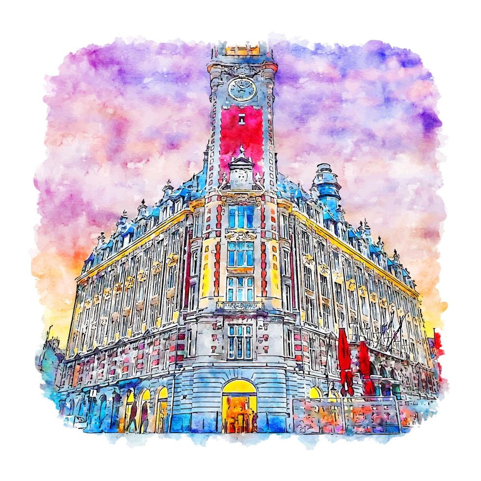 lille france esboço em aquarela ilustração desenhada à mão vetor