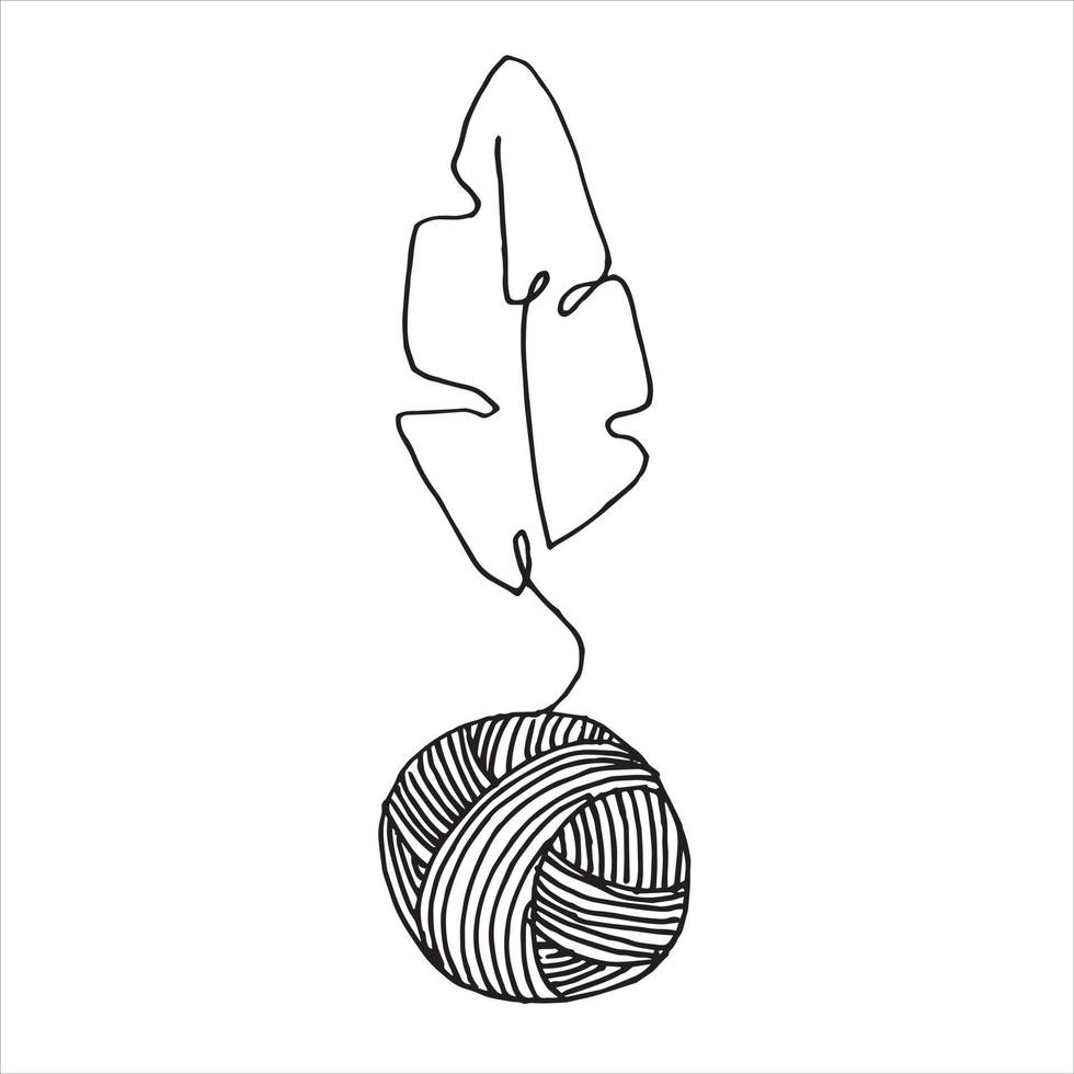 desenho vetorial no estilo de doodle. novelos de lã para tricô e folhas de plantas. um desenho de linha, logotipo minimalista de tricô, feito à mão, crochê. produto ecologicamente correto, reciclagem vetor
