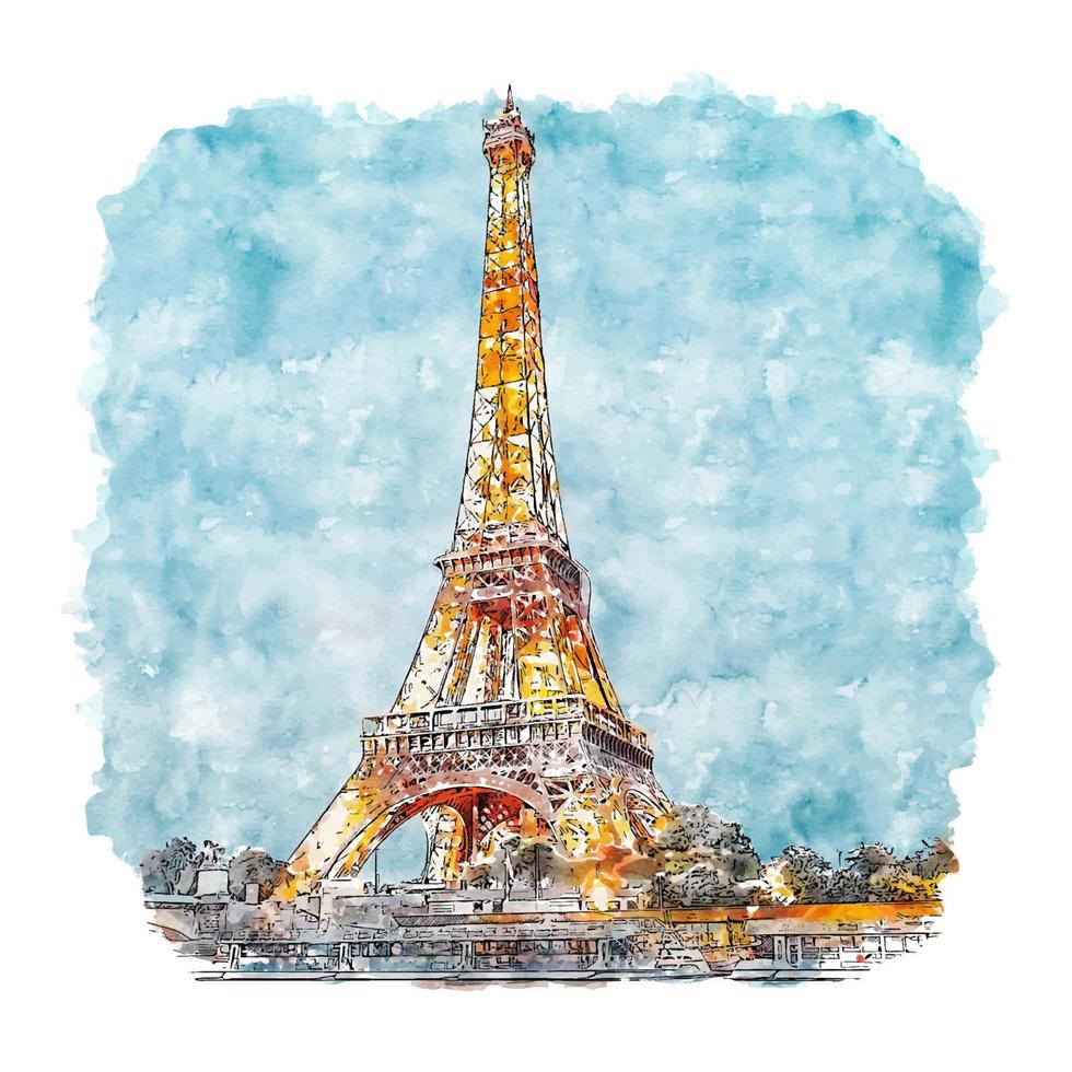 torre eiffel paris frança esboço em aquarela ilustração desenhada à mão vetor