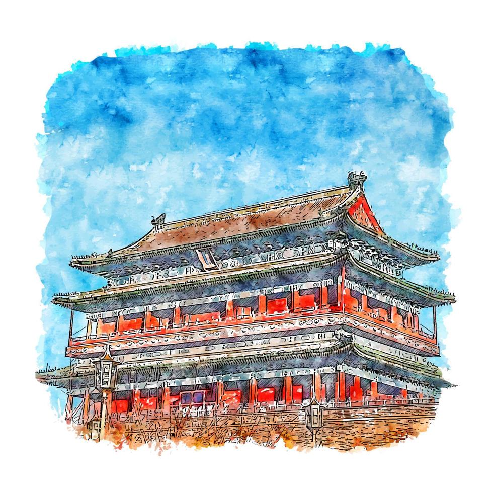 beijing templo china esboço em aquarela ilustração desenhada à mão vetor