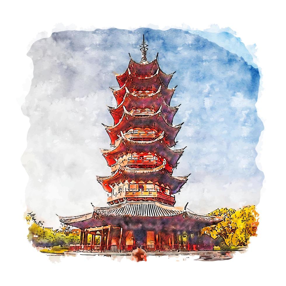 suzhou china esboço em aquarela ilustração desenhada à mão vetor