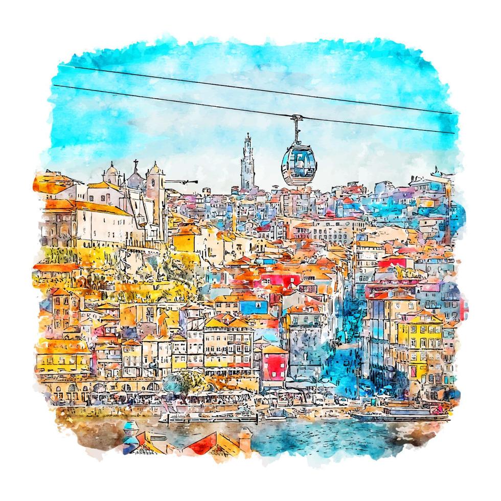 porto portugal esboço em aquarela ilustração desenhada à mão vetor