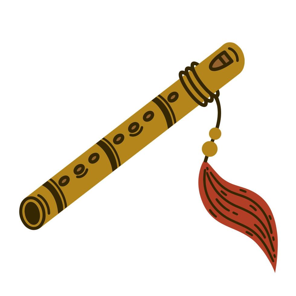 ícone de vetor de flauta pimak. instrumento musical de madeira decorado com penas, miçangas, couro. tubo indiano isolado no branco. ferramenta para melodias clássicas e folclóricas. para web, logotipo, aplicativos, impressão