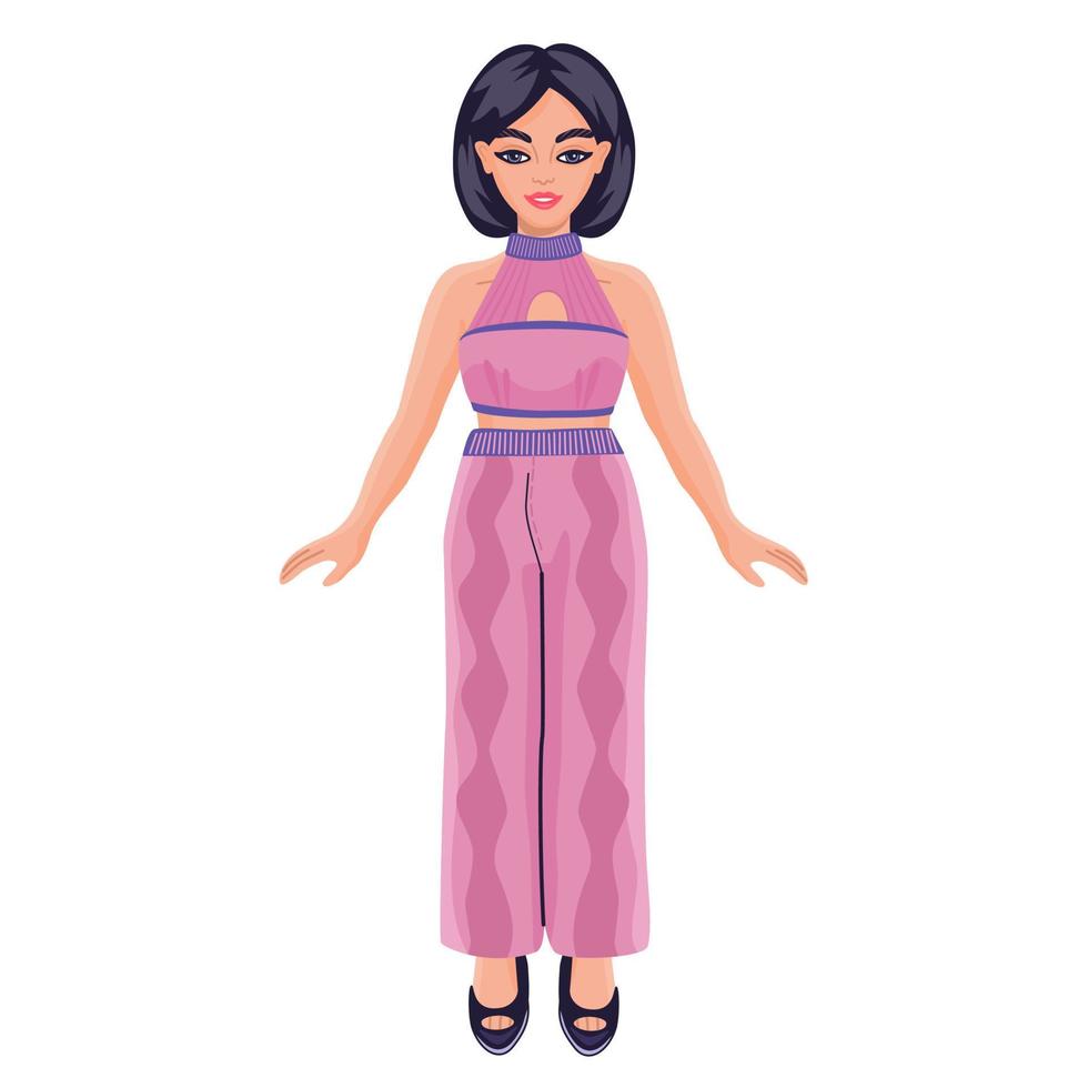 mulher dos desenhos animados em top cropped rosa e calça estampada. boneca de papel fofa em roupas coloridas da moda. jogo de vestir. vetor