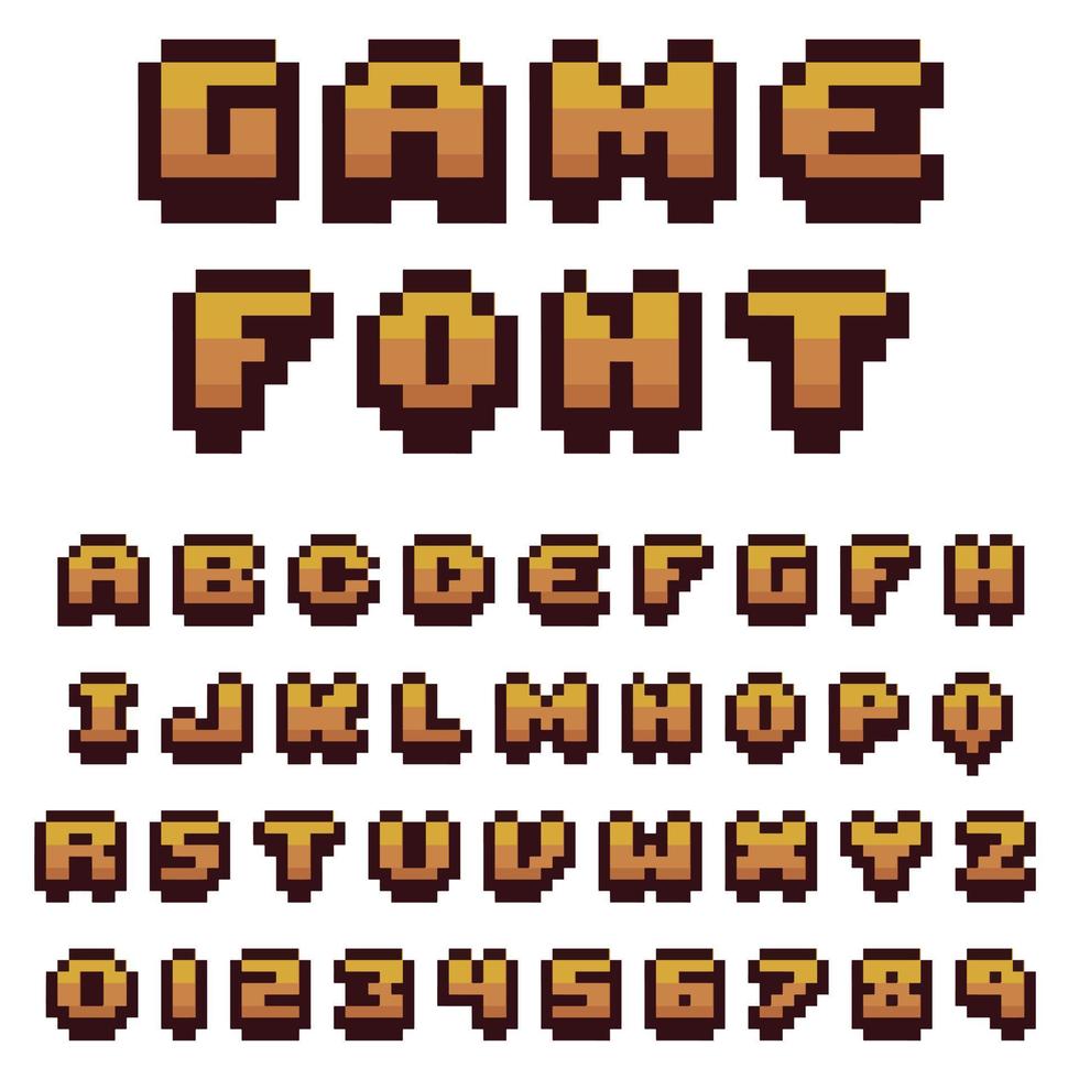 fonte do jogo em pixel art. letras e números de estilo de 8 bits. alfabeto de vetor em pixel no fundo branco