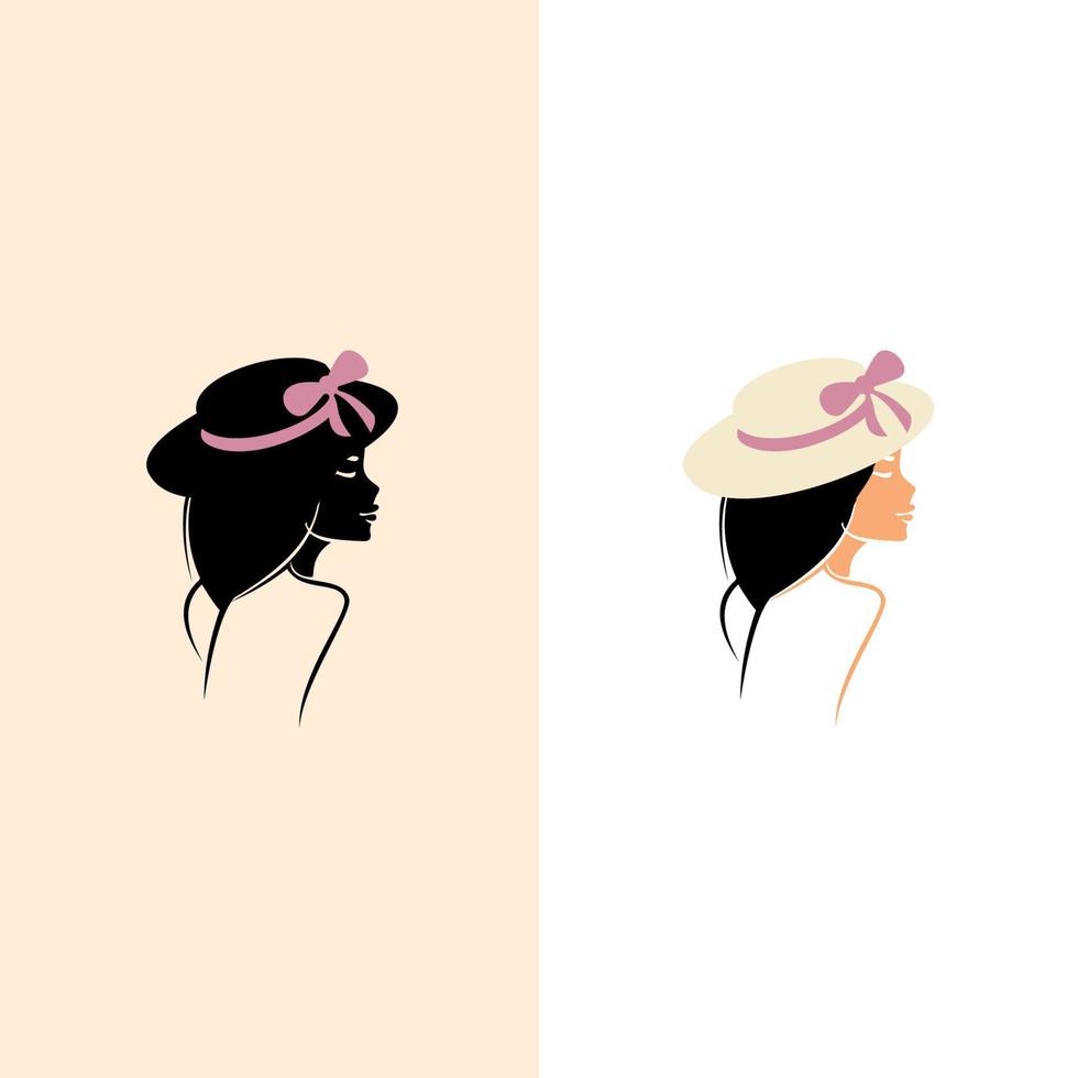 logotipo de moda e beleza. mulher com lábios cor de rosa no chapéu da moda. conceito para salão de beleza, acessórios, moda, cosméticos. vetor