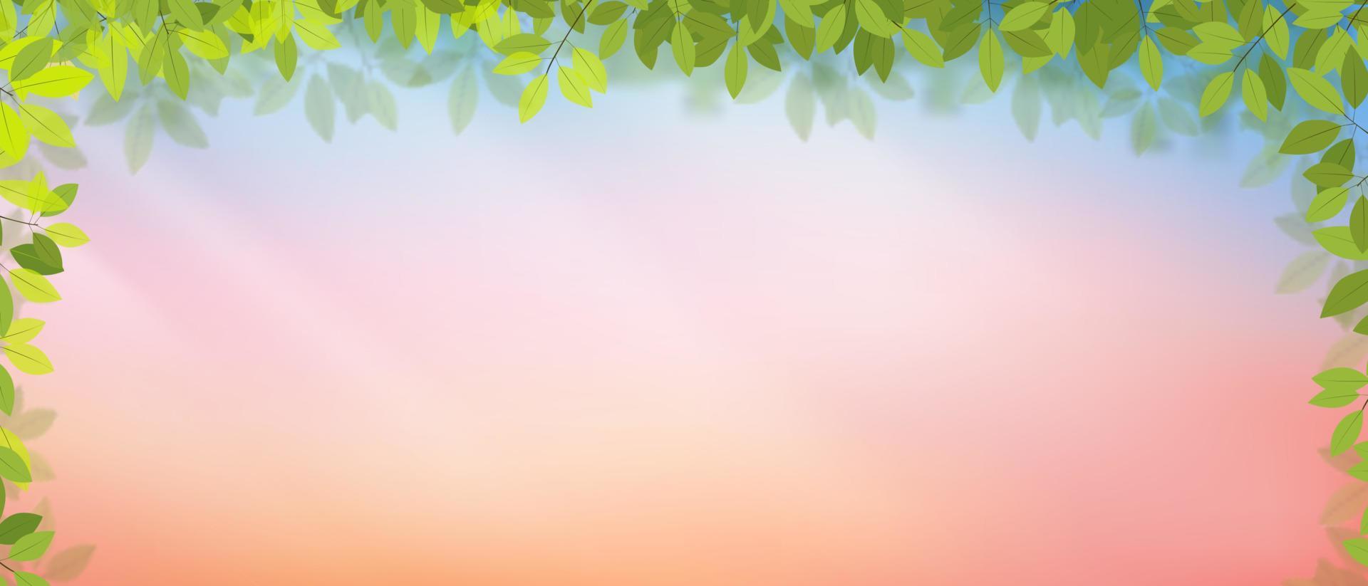 quadro de folhas verdes de fundo de primavera no céu pastel em fundo rosa e laranja, desenho vetorial com espaço de cópia com sol brilhando de manhã, banner de pano de fundo para a páscoa, olá primavera, férias de verão vetor