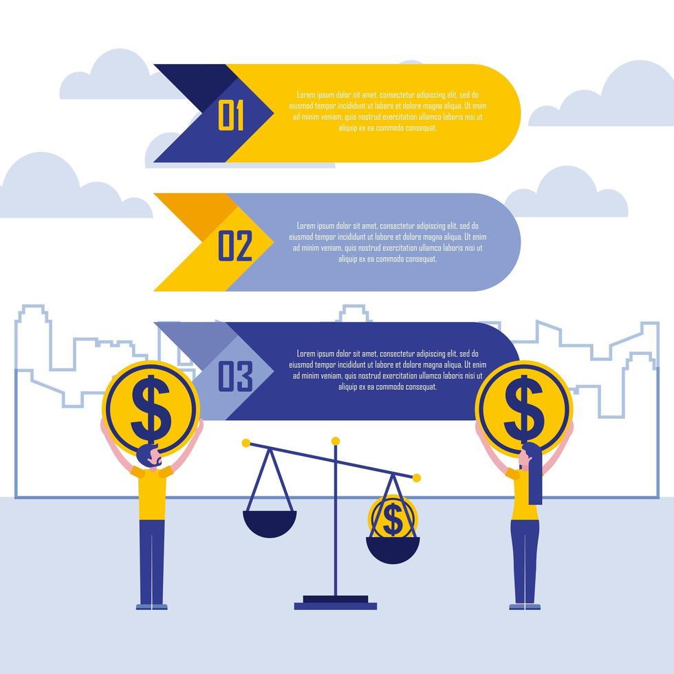 pessoas de negócios com moedas e escala infográfico vetor