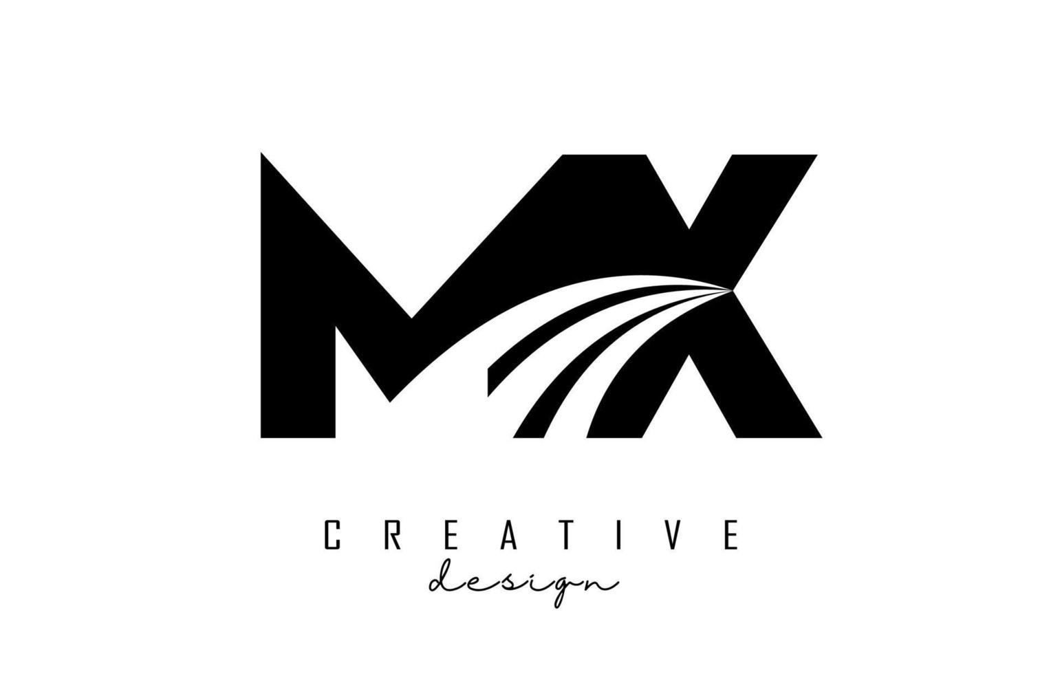 letras pretas criativas mx mx logotipo com linhas principais e design de conceito de estrada. letras com desenho geométrico. vetor