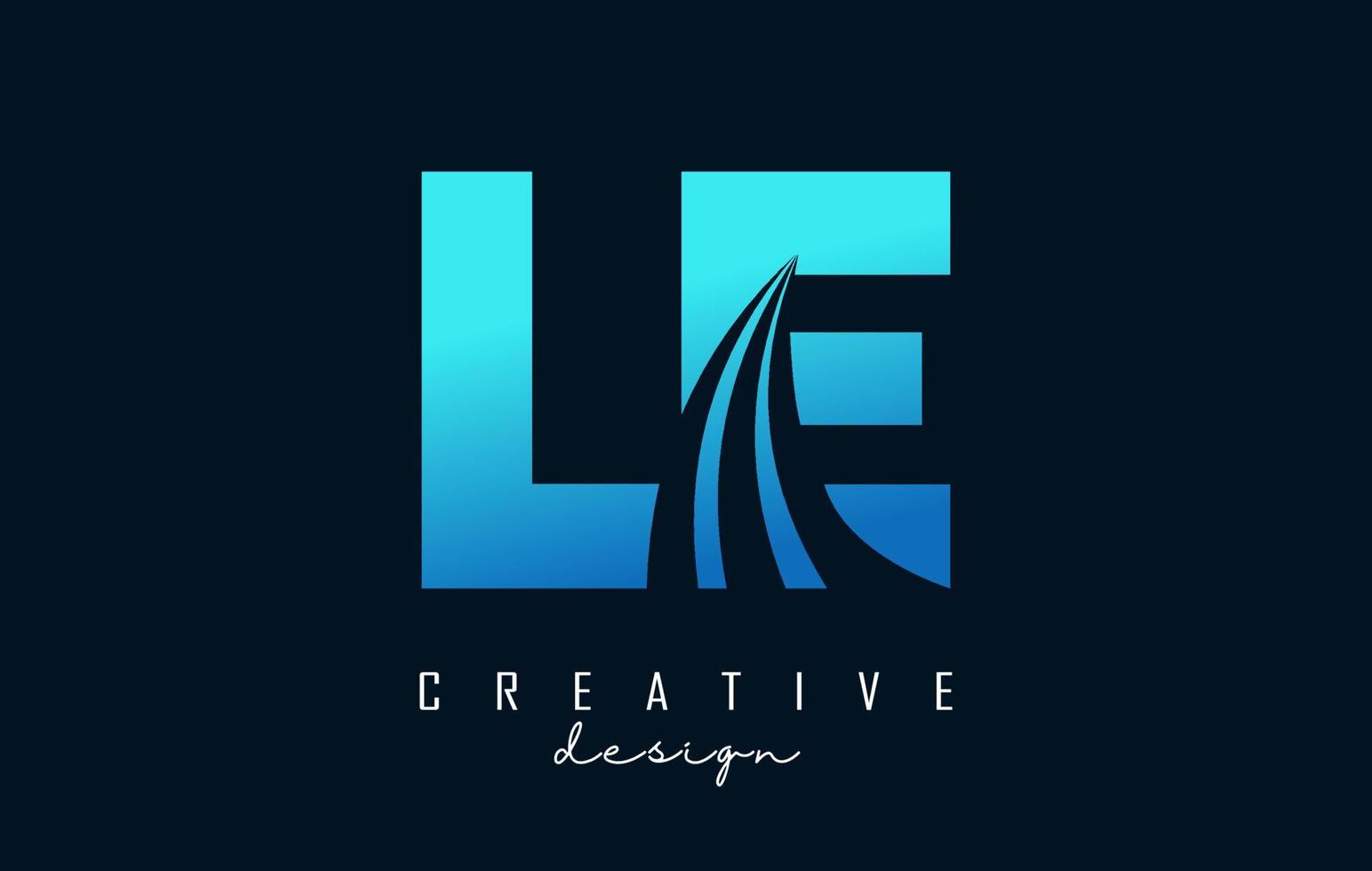 letras azuis criativas le le logotipo com linhas principais e design de conceito de estrada. letras com desenho geométrico. vetor