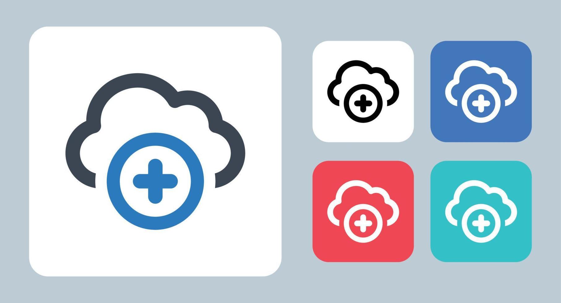adicione o ícone de nuvem - ilustração vetorial. nuvem, novo, adicionar, dados, criar, armazenamento, mais, rede, servidor, linha, contorno, plano, ícones . vetor