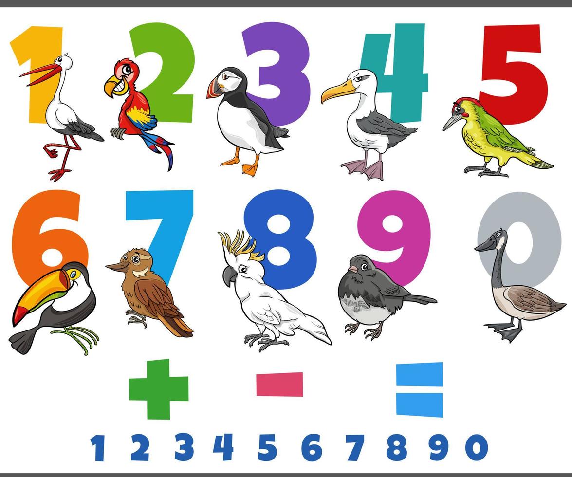 números educacionais definidos com personagem animal de pássaros de desenho animado vetor