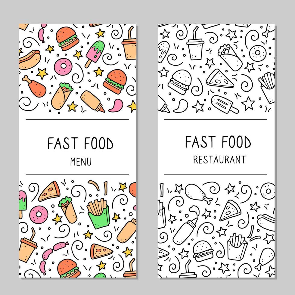 conjunto de doodle de fast food de mão desenhada. ilustração vetorial. vetor
