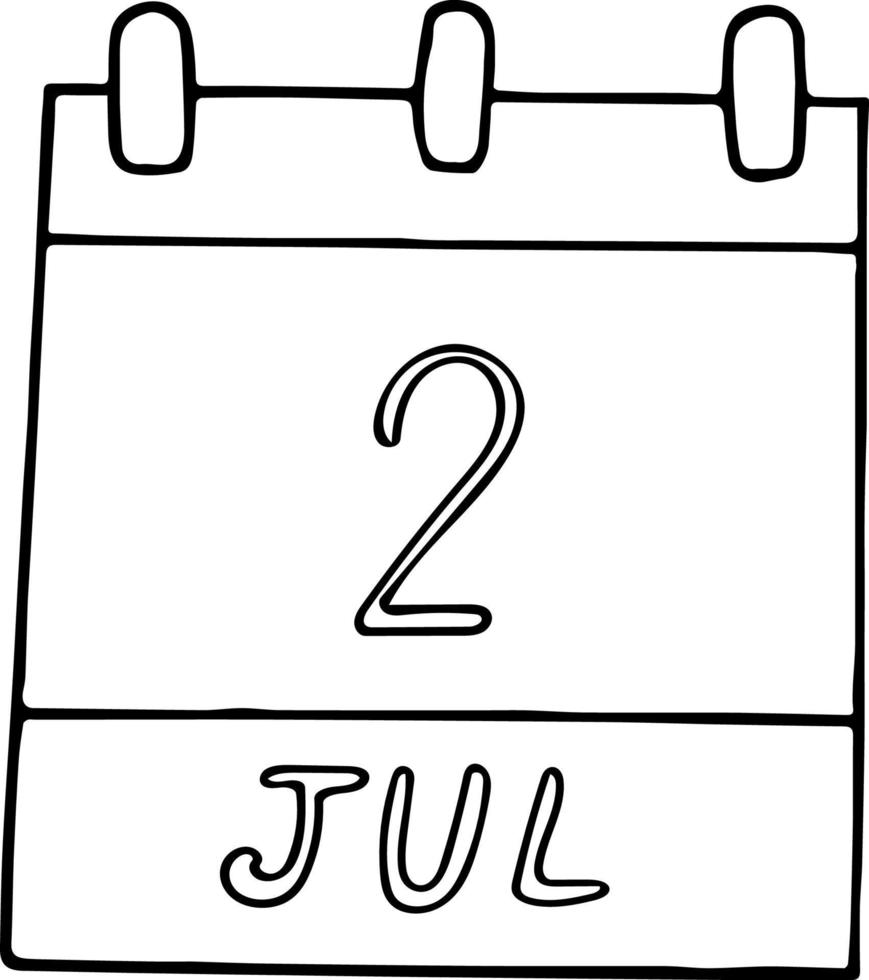 calendário desenhado à mão em estilo doodle. 2 de julho. dia mundial dos jornalistas esportivos, ufo, data. ícone, elemento de adesivo para design. planejamento, férias de negócios vetor