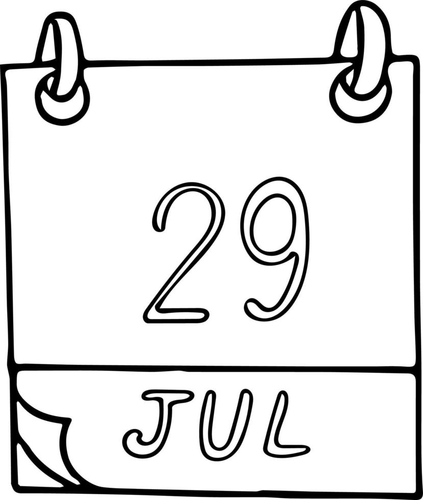 calendário desenhado à mão em estilo doodle. 29 de julho. dia internacional do tigre, data. ícone, elemento de adesivo para design. planejamento, férias de negócios vetor