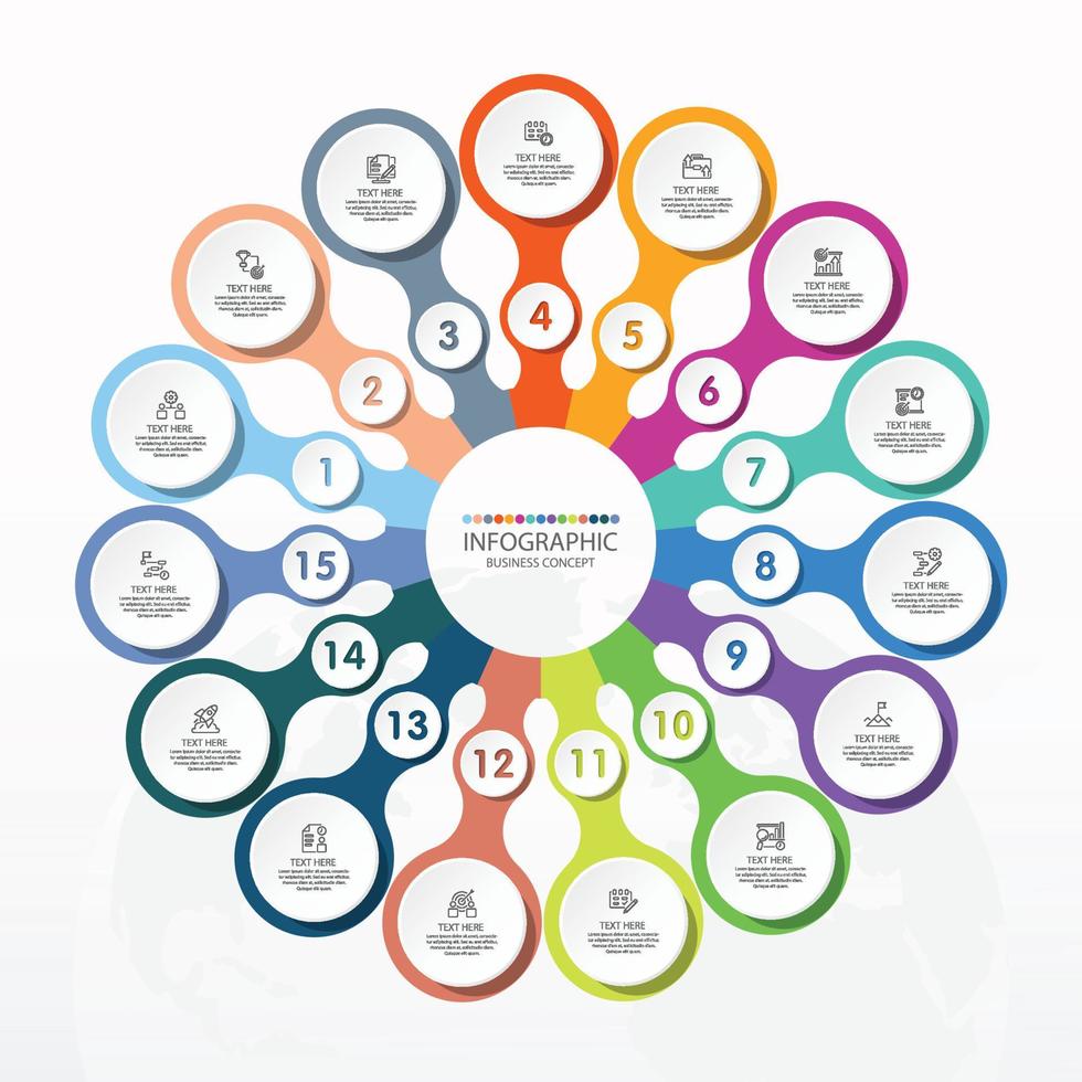 modelo de infográfico de círculo básico com 15 etapas, processo ou opções, gráfico de processo, usado para diagrama de processo, apresentações, layout de fluxo de trabalho, fluxograma, infográfico. ilustração em vetor eps10.