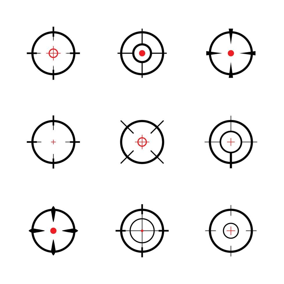 alvo ou apontar ícones de conjunto de ícones em ícones de mira de cor preta e vermelha vetor