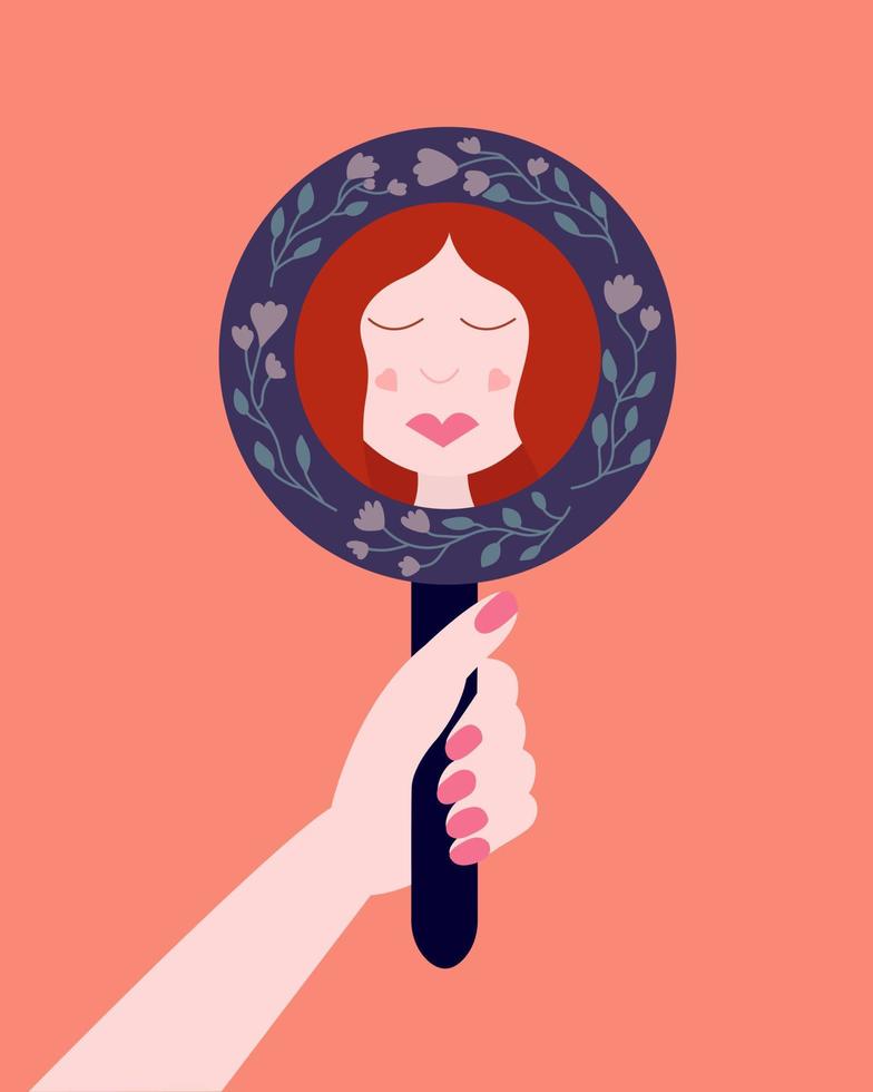 mulher bonita olhando no espelho e sorrindo. mulher de estilo simples segurando o espelho na mão e olhando a ilustração vetorial vetor