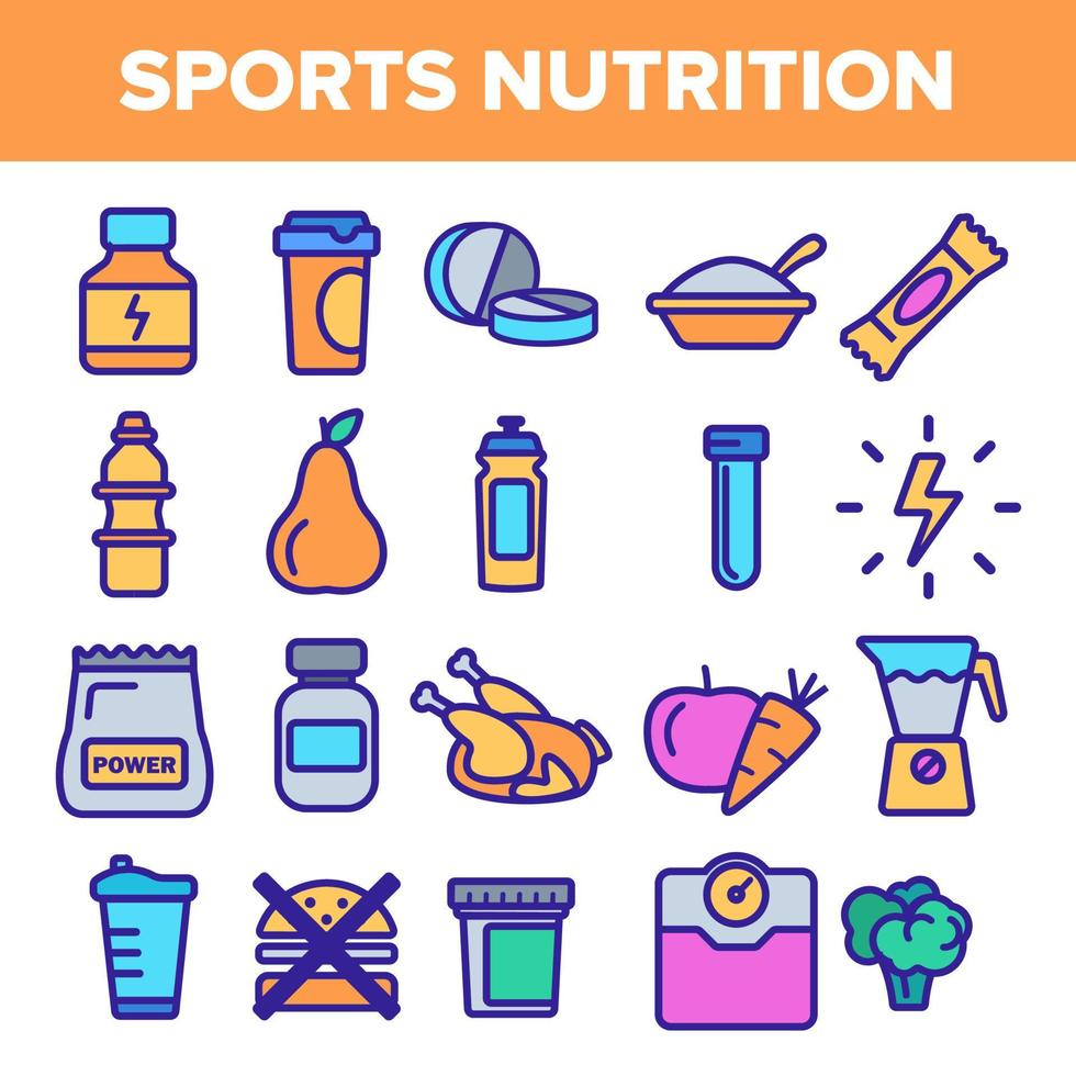 vetor de conjunto de ícones de linha de alimentos de suplemento esportivo. pictograma de nutrição. símbolo de comida de suplemento esportivo de saúde. dieta de vitaminas energéticas. ilustração da web de contorno fino