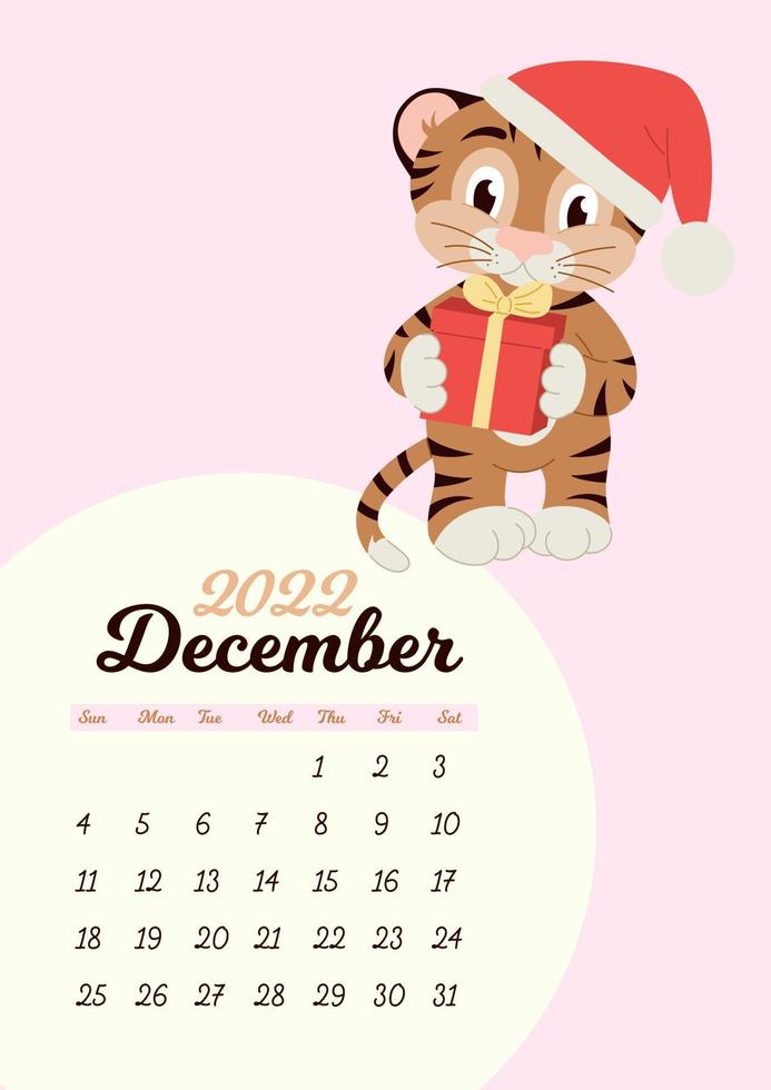 modelo de calendário de parede para dezembro de 2022. ano do tigre para o calendário chinês oriental. personagem bonito em design plano. vetor