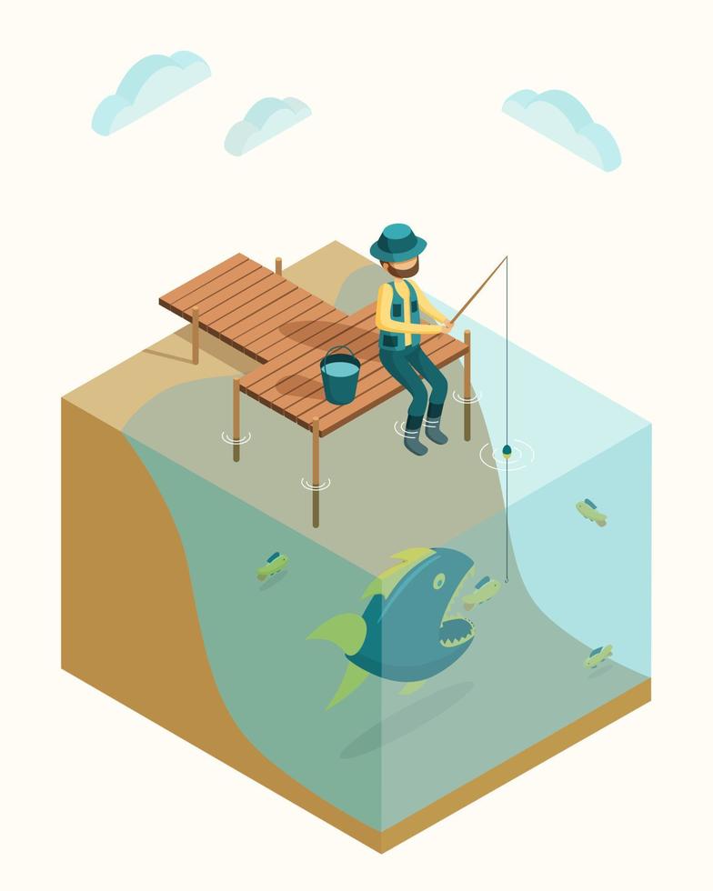 um homem de chapéu com uma vara de pescar está sentado no cais. pescador. isométrico. ilustração vetorial. vetor