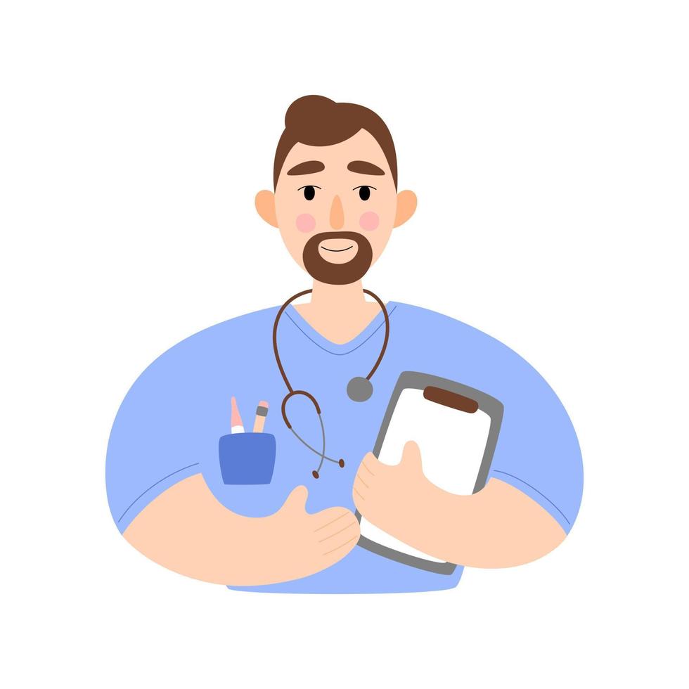 médico com estetoscópio e cartão médico. ilustração de médico em um estilo simples. vetor