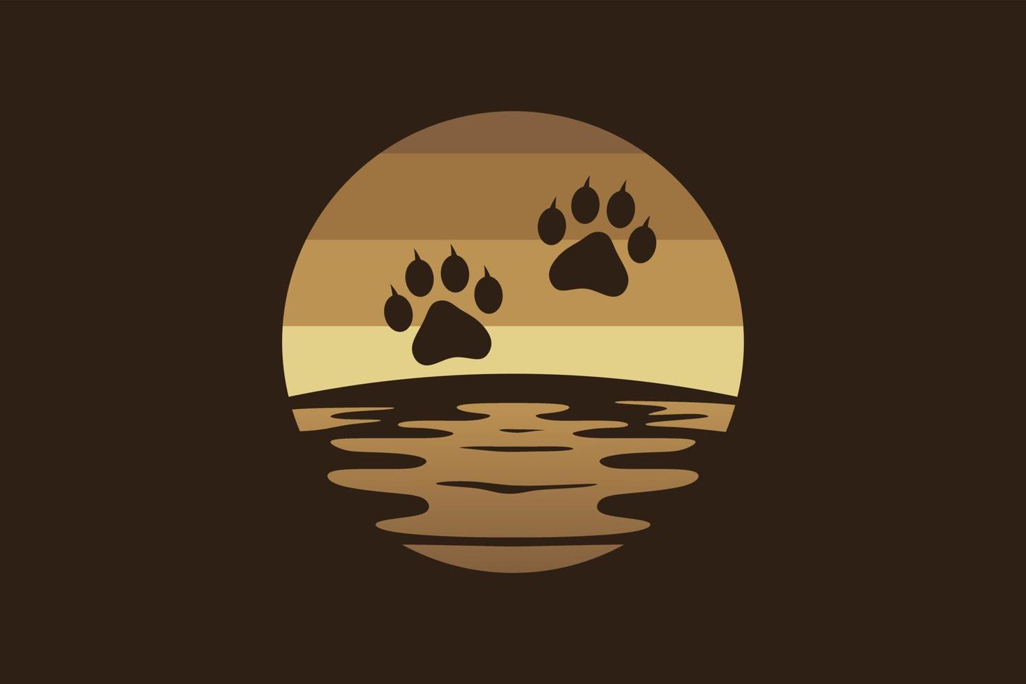 design de paisagem de noite de logotipo de pegadas de animais selvagens. silhueta de pegadas de animais combina com ilustração vetorial de paisagem noturna. vetor