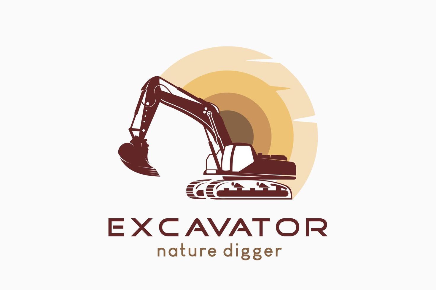design de logotipo de escavadeira com silhueta de escavadeira combinada com o sol, ilustração vetorial de uma escavadeira de escavadeira de natureza com um conceito criativo. vetor
