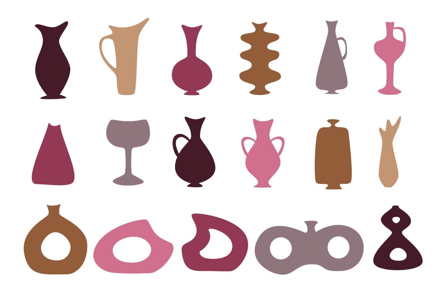conjunto de silhuetas de vasos, garrafas, urnas e frascos coloridos para design abstrato, ilustração vetorial de formas simples desenhadas à mão vetor