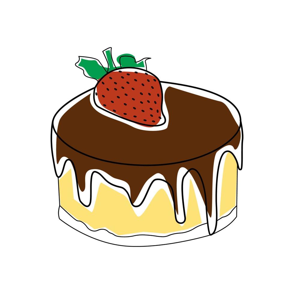 bolo de chocolate com morango nas cores de contorno de ilustração desenhada à mão superior vetor