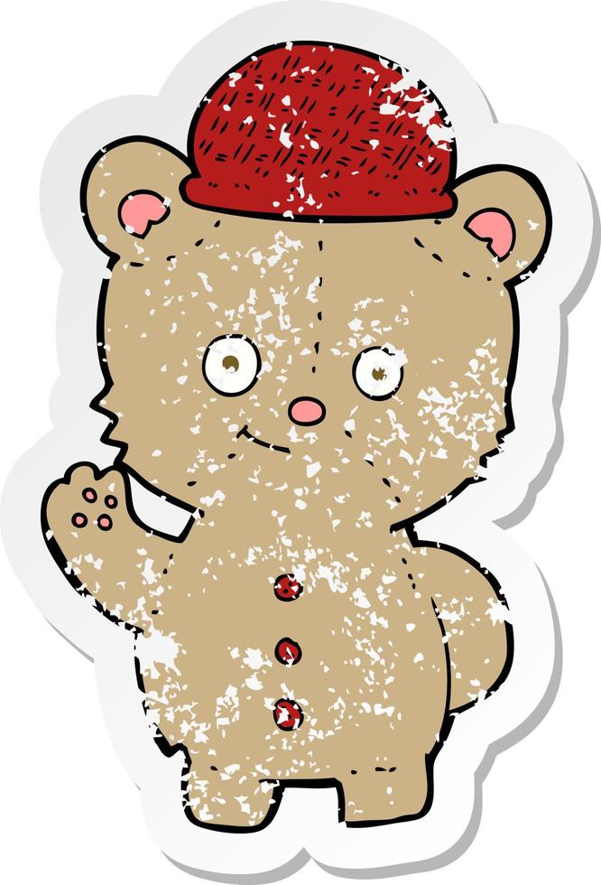 adesivo retrô angustiado de um urso de desenho animado no chapéu vetor