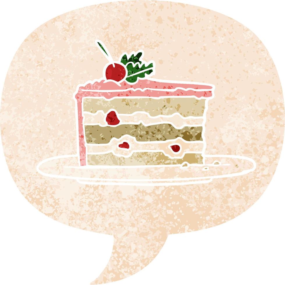 bolo de sobremesa de desenho animado e bolha de fala em estilo retrô texturizado vetor
