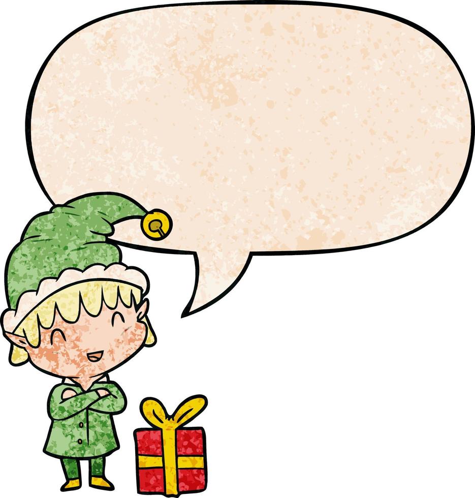 elfo de natal feliz dos desenhos animados e bolha de fala no estilo de textura retrô vetor