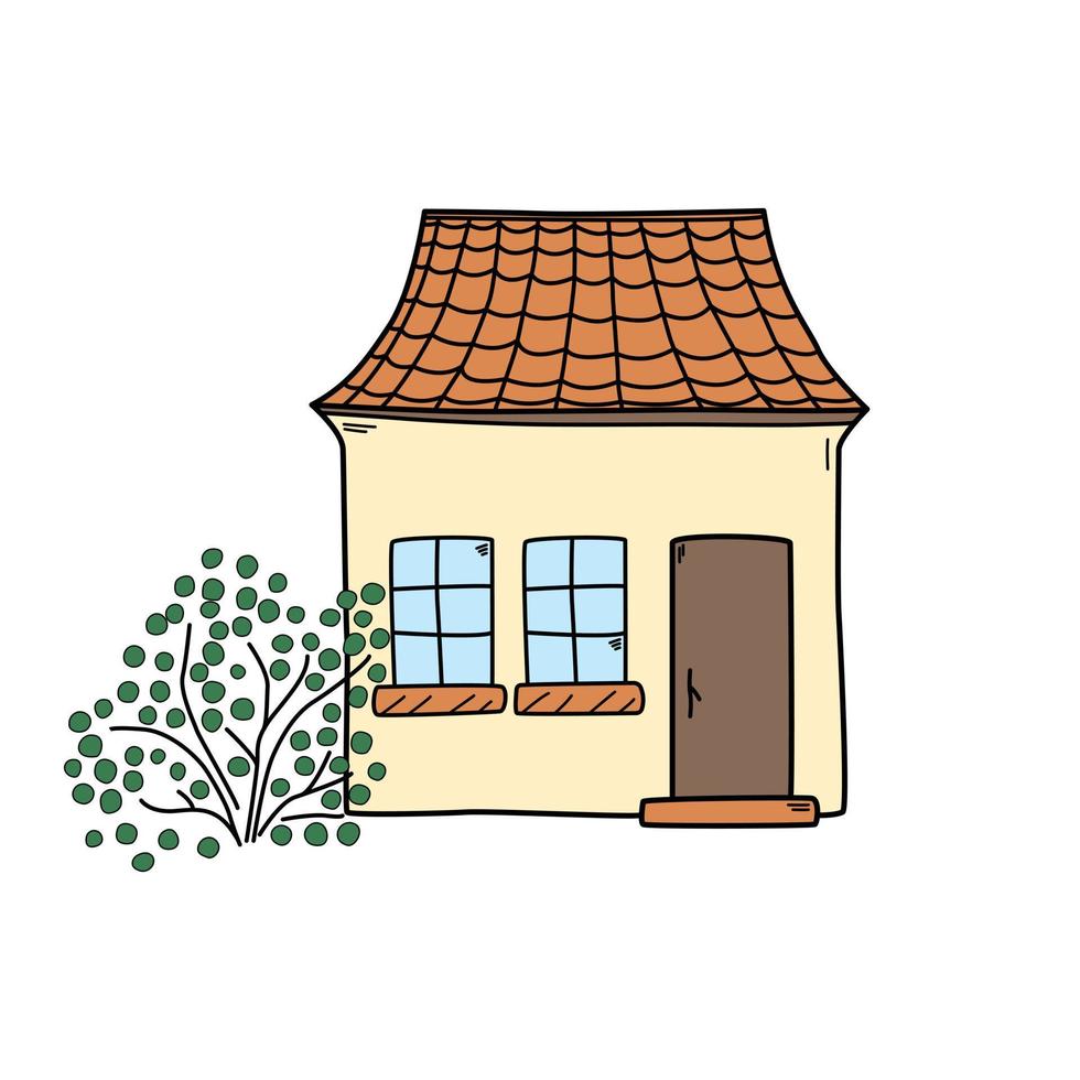 mão desenhada colorida casa bonita com estilo doodle de árvore, ilustração vetorial isolada no fundo branco. telhado de telha, elemento de design decorativo, ao ar livre vetor