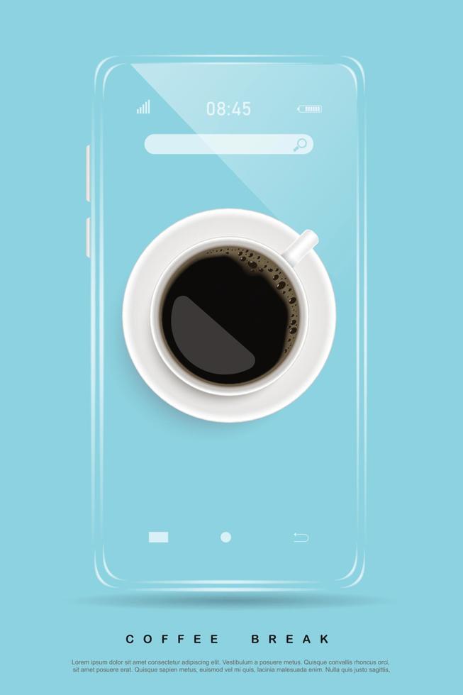 café preto na xícara branca e móvel sobre fundo azul. design para ilustração vetorial de folheto de propaganda de pôster vetor